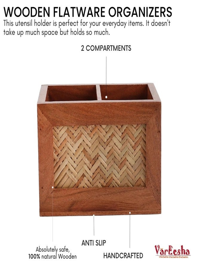 VarEesha Hand Crafted Acacia Wood Chatai Two Sections Spoon Holder| Cutlery Holder| Kitchen Caddy | Wooden Cutlery Rack for Kitchen|Wooden Spoon Stand for Diining Table - Image 2